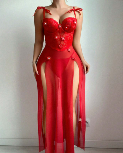 Red Floral Slip Mesh Maxi Dress