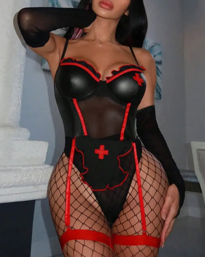 "Sexy Nurse" Roleplay Leather Mesh Bodysuit Lingerie