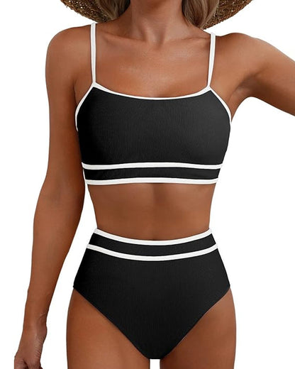 Women's Ribbed Colorblock High Waist Bikini Set