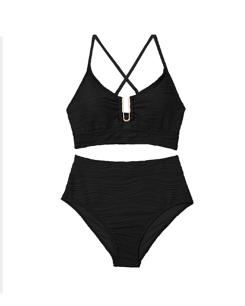 U-Shaped Underwire Hollow High Waist Textured Bikini Set
