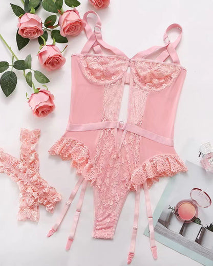 Sexy Lace Mesh Backless Ruffled Decoration Hollow Ring Buckle One-Piece Pajamas