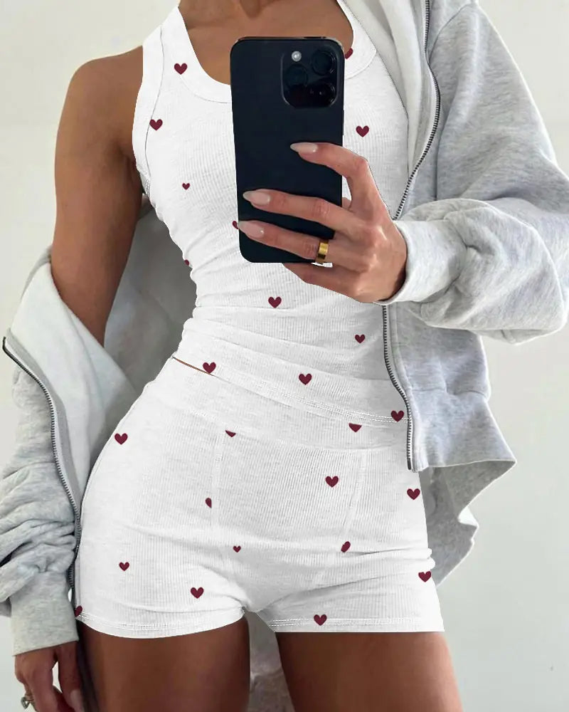 Women's Heart Pattern U Neck Tank Top and Casual Elastic Waist Shorts 2-Piece Set