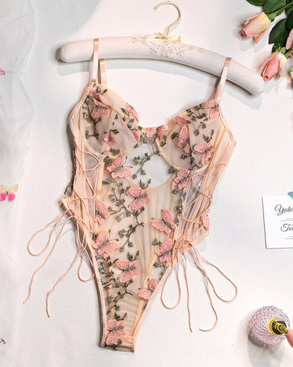Women's Sexy Mesh Butterfly Embroidery Open Back Bodysuit