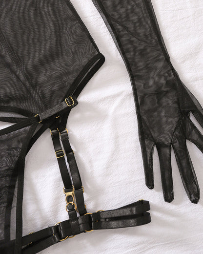 Sexy Metal Chain Suspender Heart Wire Ring Mesh See-through Pajama Set