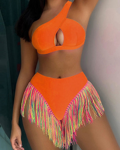 Women's Solid Fringe Hem Bikini Swimsuit