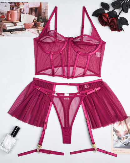 Sexy Mesh See-Through Pajamas Three-Piece Set