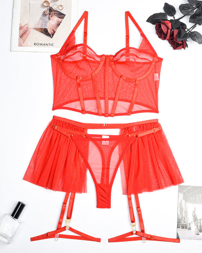 Sexy Mesh See-Through Pajamas Three-Piece Set