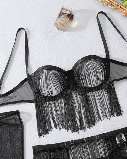 Sexy Lace See-through Tassel Hollow Underwear Set