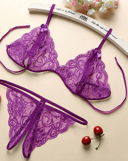 Open Crotch Three-point Two-piece Sexy Lace Underwear Women's Sexy Passion Thong