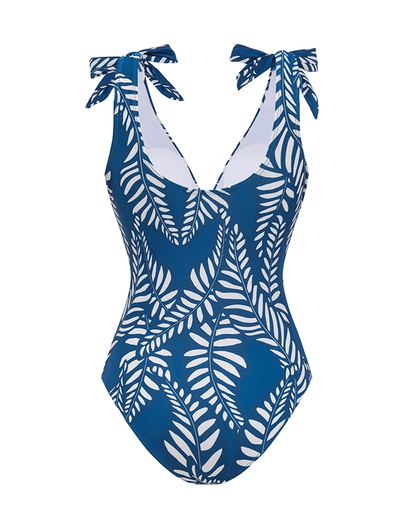 Sling Blue Tassel Leaves Print Cut Out Swimsuit Set