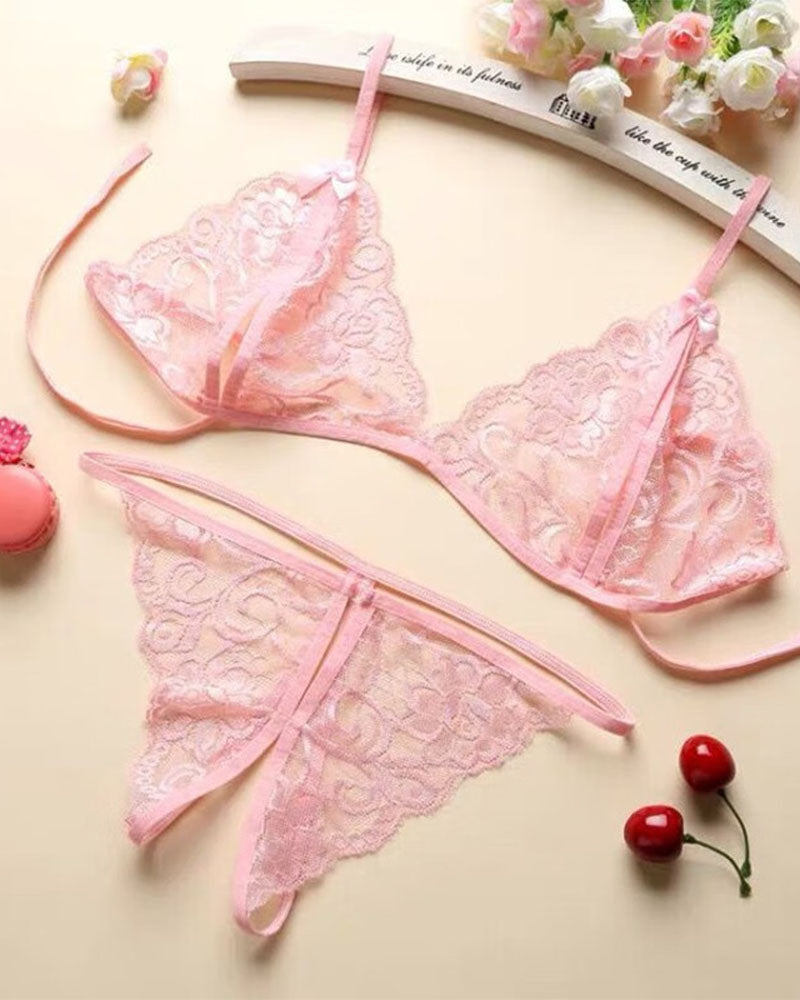Open Crotch Three-point Two-piece Sexy Lace Underwear Women's Sexy Passion Thong