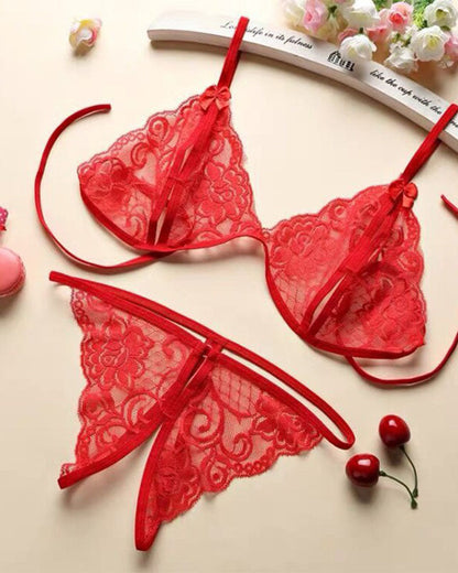 Open Crotch Three-point Two-piece Sexy Lace Underwear Women's Sexy Passion Thong