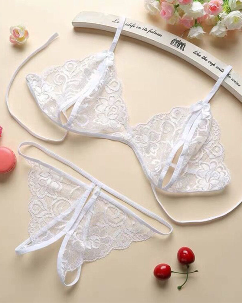Open Crotch Three-point Two-piece Sexy Lace Underwear Women's Sexy Passion Thong