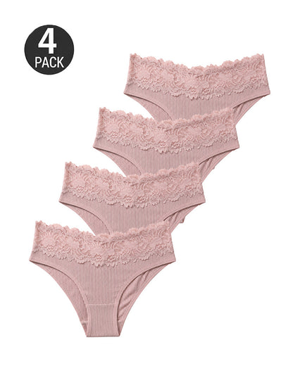 4-Pack Sexy Lace Trim Ribbed Cotton Panties