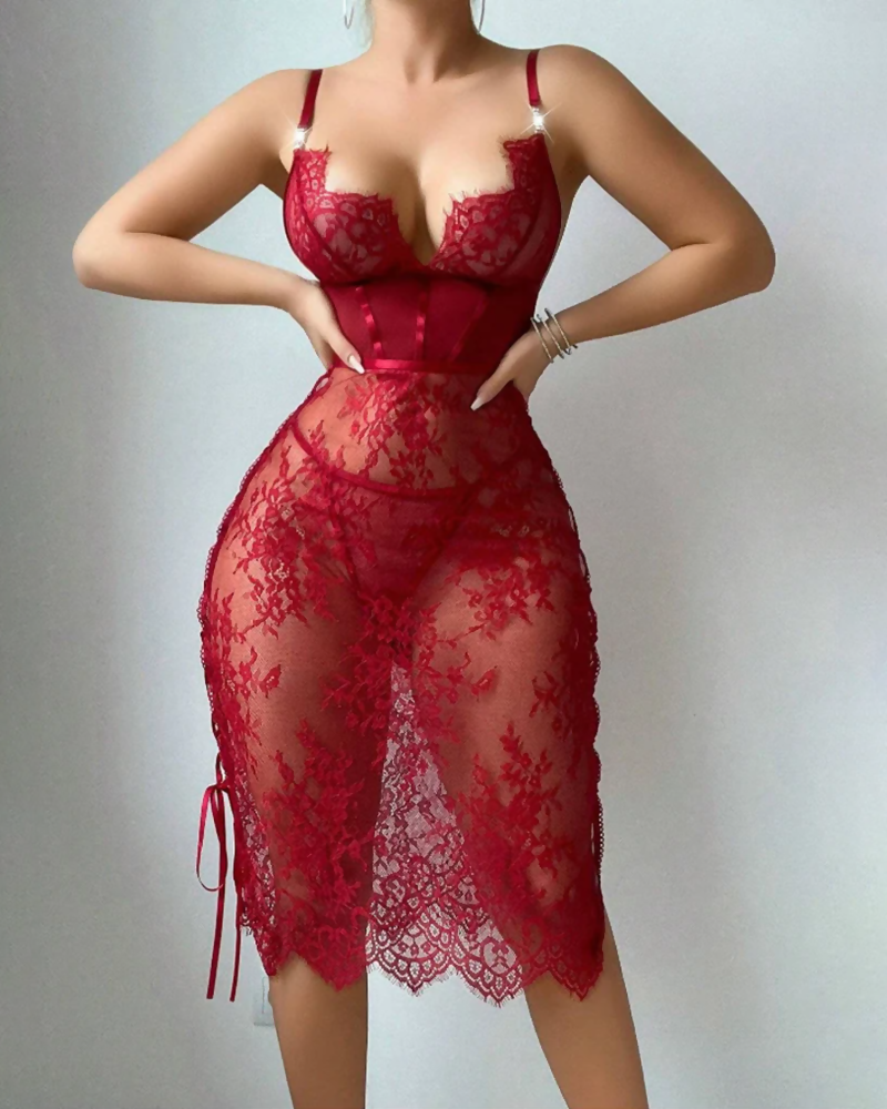 Sexy Lace Cutout Lace-Up Bodycon Babydoll Lingerie