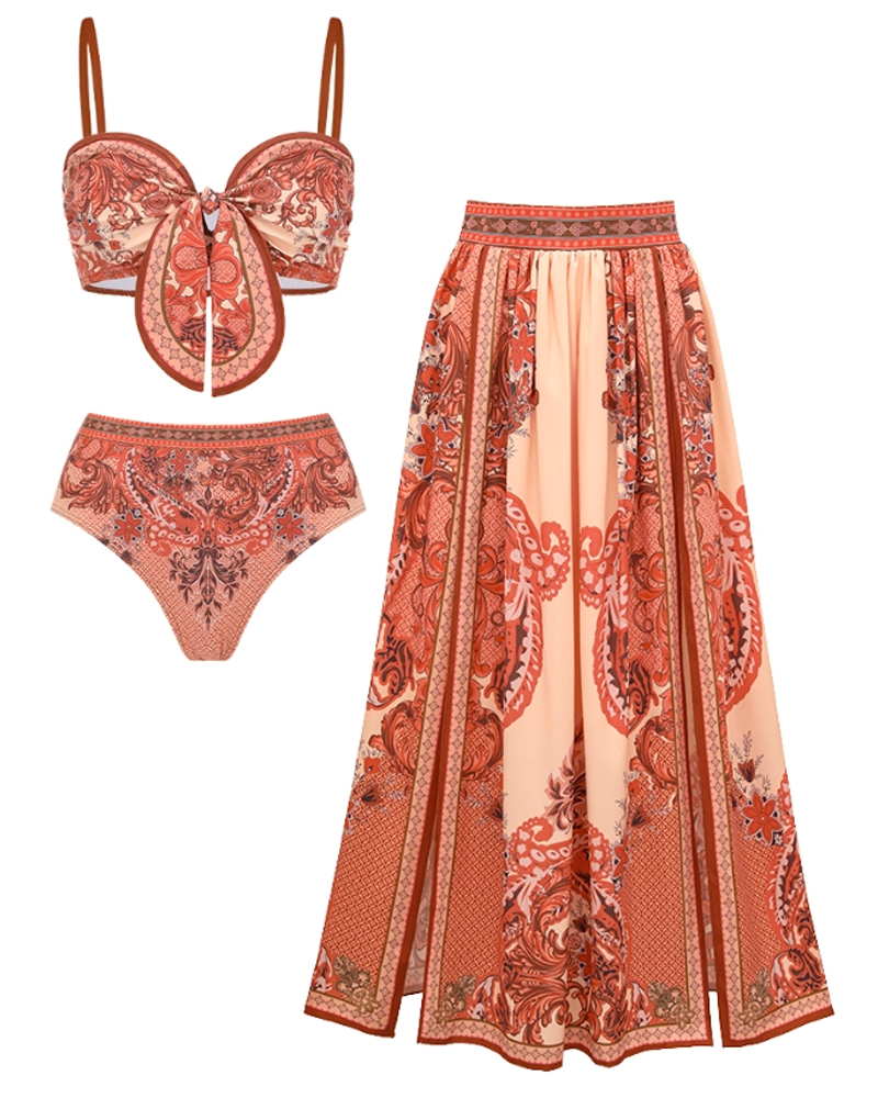 Bow-detailed Paisley Print Swimsuit set