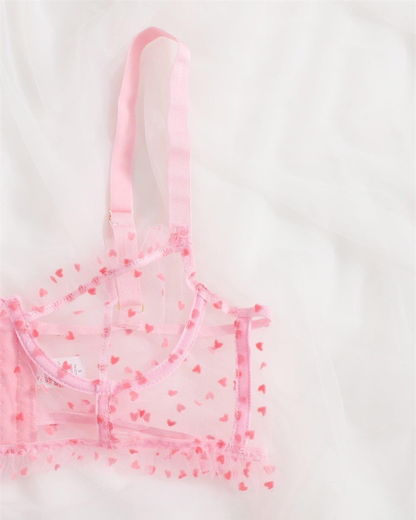 Sexy Heart Print Sheer Mesh Two-Piece Lingerie Set