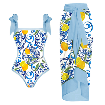 Lemon Print Tie-shoulder One Piece Swimsuit and Sarong