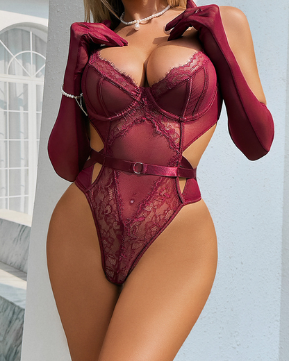 Sexy Lace Mesh Shaping Cutout Bodysuit with Gloves