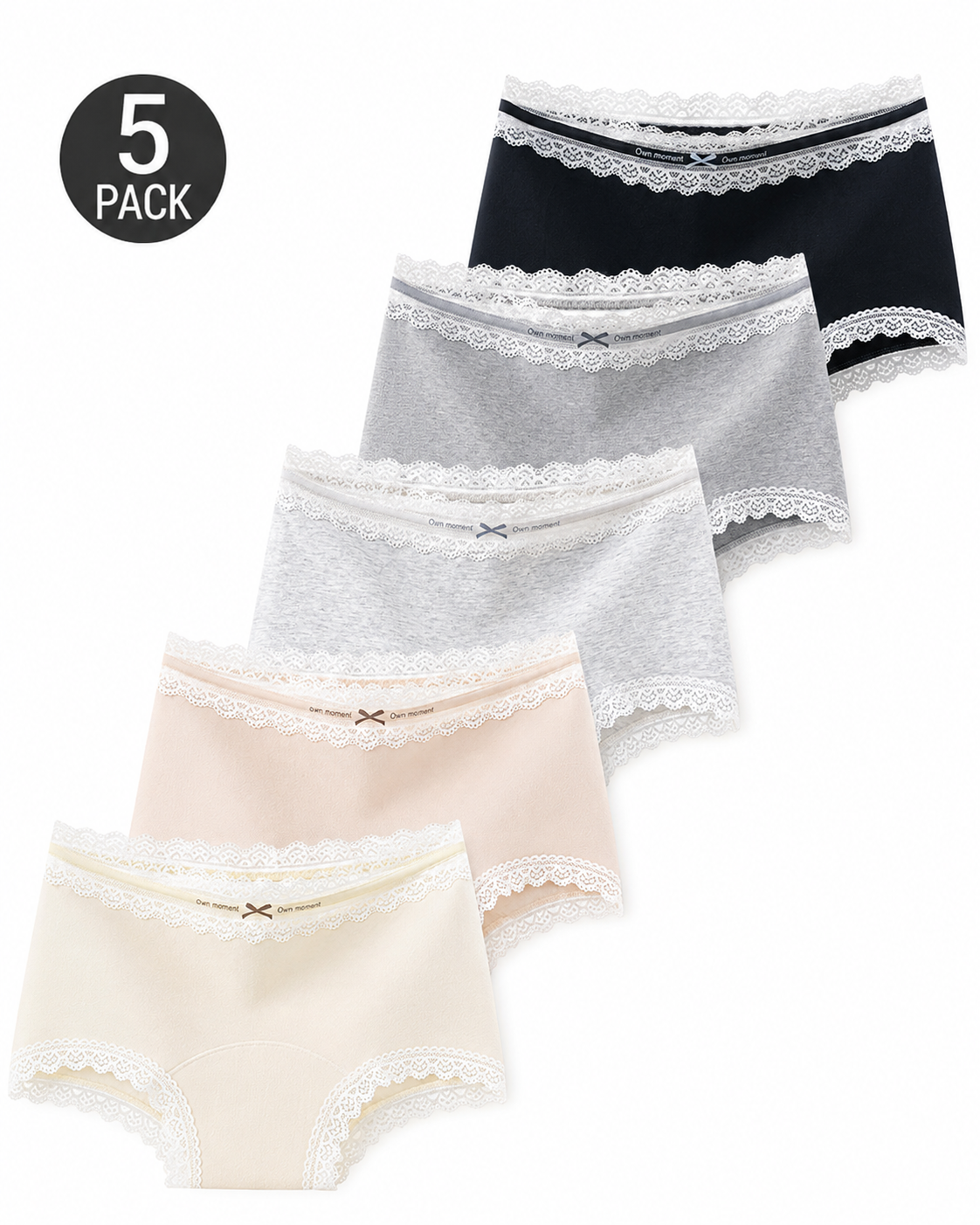 5-Pack Pure Cotton Lace Trim Antibacterial Panties