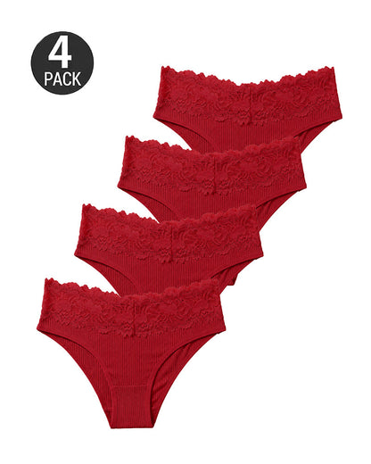4-Pack Sexy Lace Trim Ribbed Cotton Panties