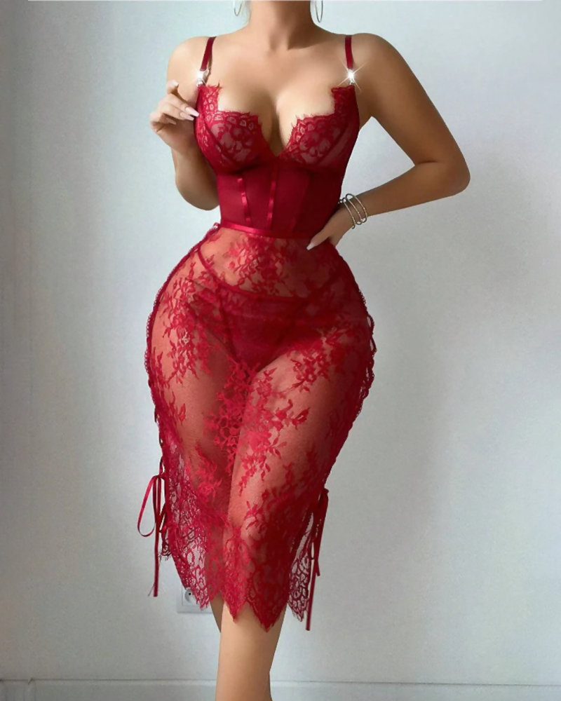 Sexy Lace Cutout Lace-Up Bodycon Babydoll Lingerie