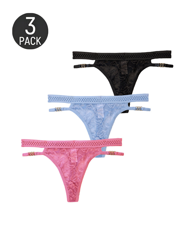 Multiple-Pack Sexy Lace Mesh Metal Buckle Decoration Thongs