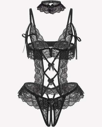 Sexy Sheer Cutout Lace Bodysuit with Bow Detail