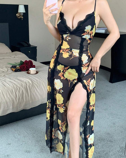 Sexy Rose Print Lace Slit Maxi Dress with Thong