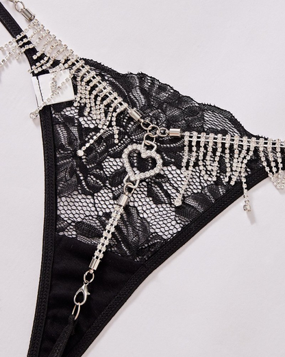 Sexy Sheer Lace Rhinestone Fringe Heart Thong