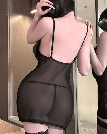 Sexy Lace Mesh Sheer Cutout Ruffle Chemise Nightgowns with Thong