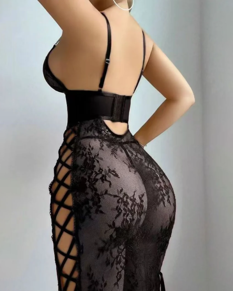 Sexy Lace Cutout Lace-Up Bodycon Babydoll Lingerie
