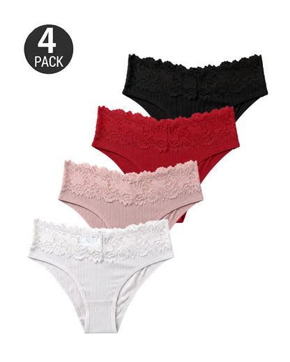 4-Pack Sexy Lace Trim Ribbed Cotton Panties