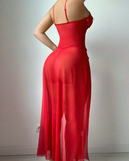 Red Floral Slip Mesh Maxi Dress
