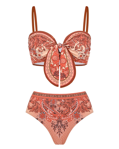 Bow-detailed Paisley Print Swimsuit set