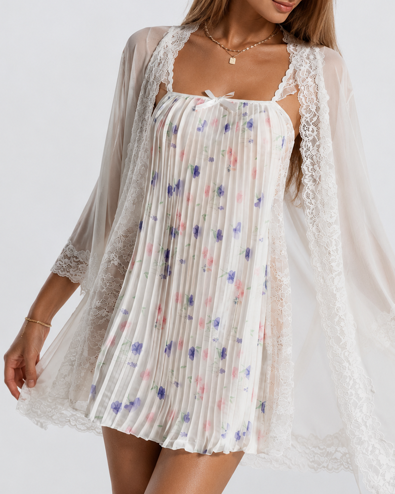Sweet Ruffle Strap Pleated Sheer Lace Babydoll Nightdress