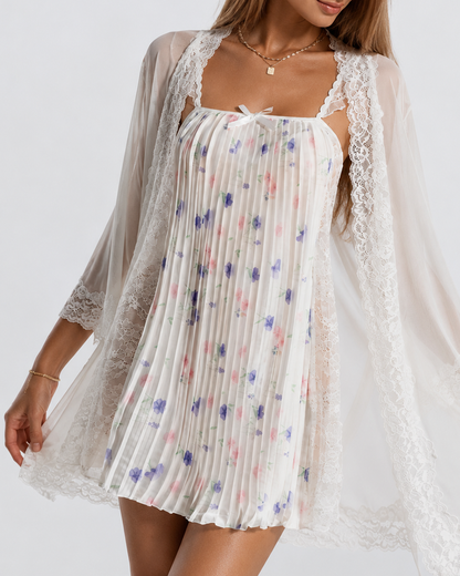 Sweet Ruffle Strap Pleated Sheer Lace Babydoll Nightdress