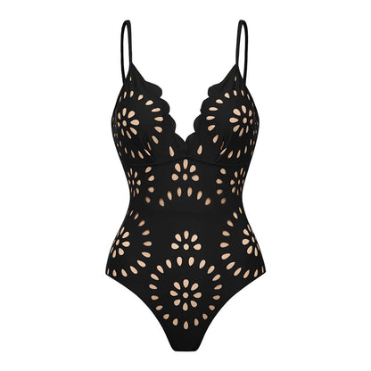 Black Laser Cutting Flower Hollow One Piece Swimsuit and Skirt