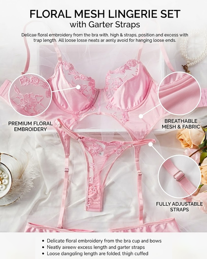Floral Sheer Lace Strappy Lingerie Set with Leg Garters
