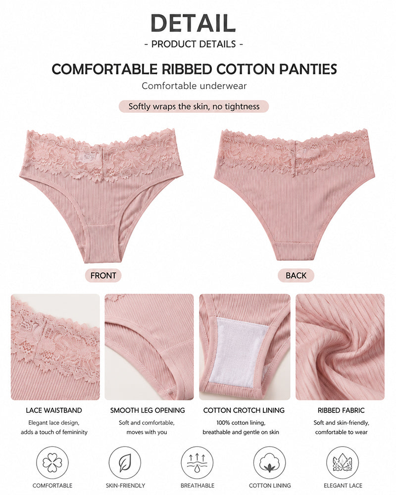 4-Pack Sexy Lace Trim Ribbed Cotton Panties