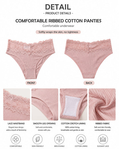 4-Pack Sexy Lace Trim Ribbed Cotton Panties