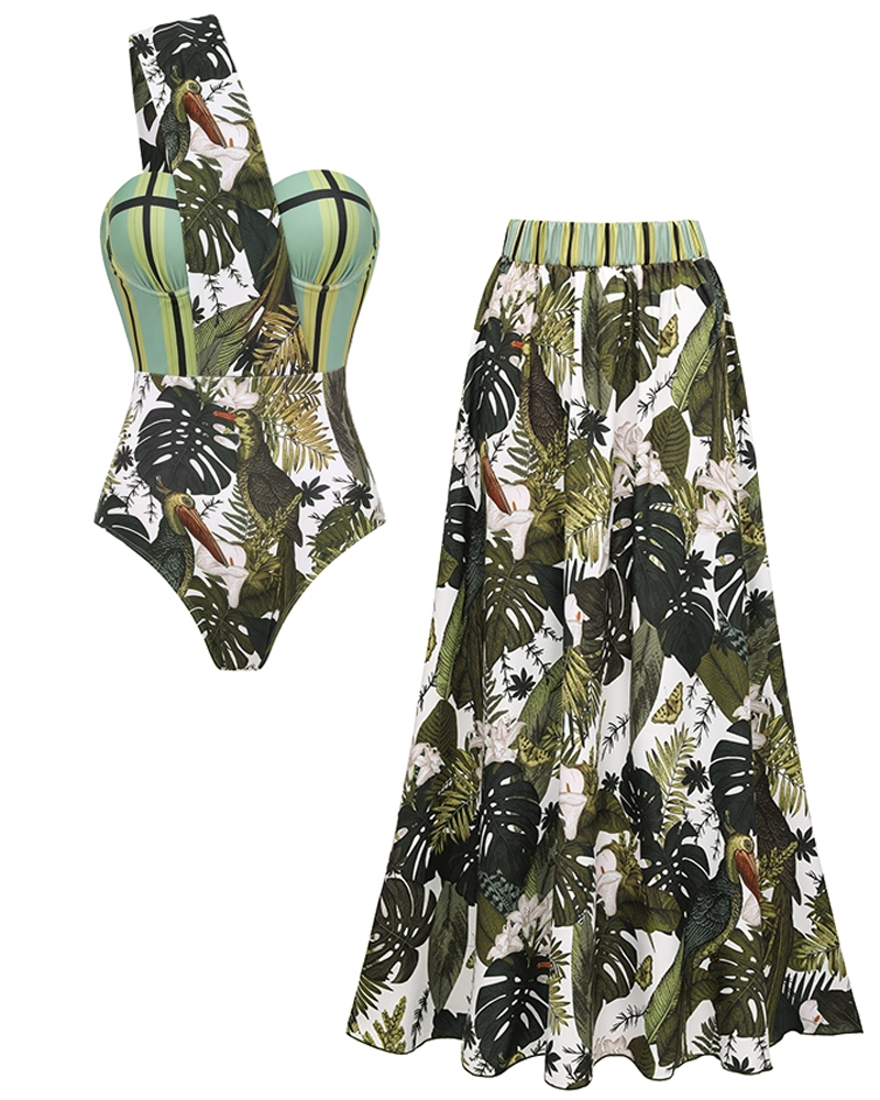 Adjustable shoulder straps Green Print Swimsuit Set