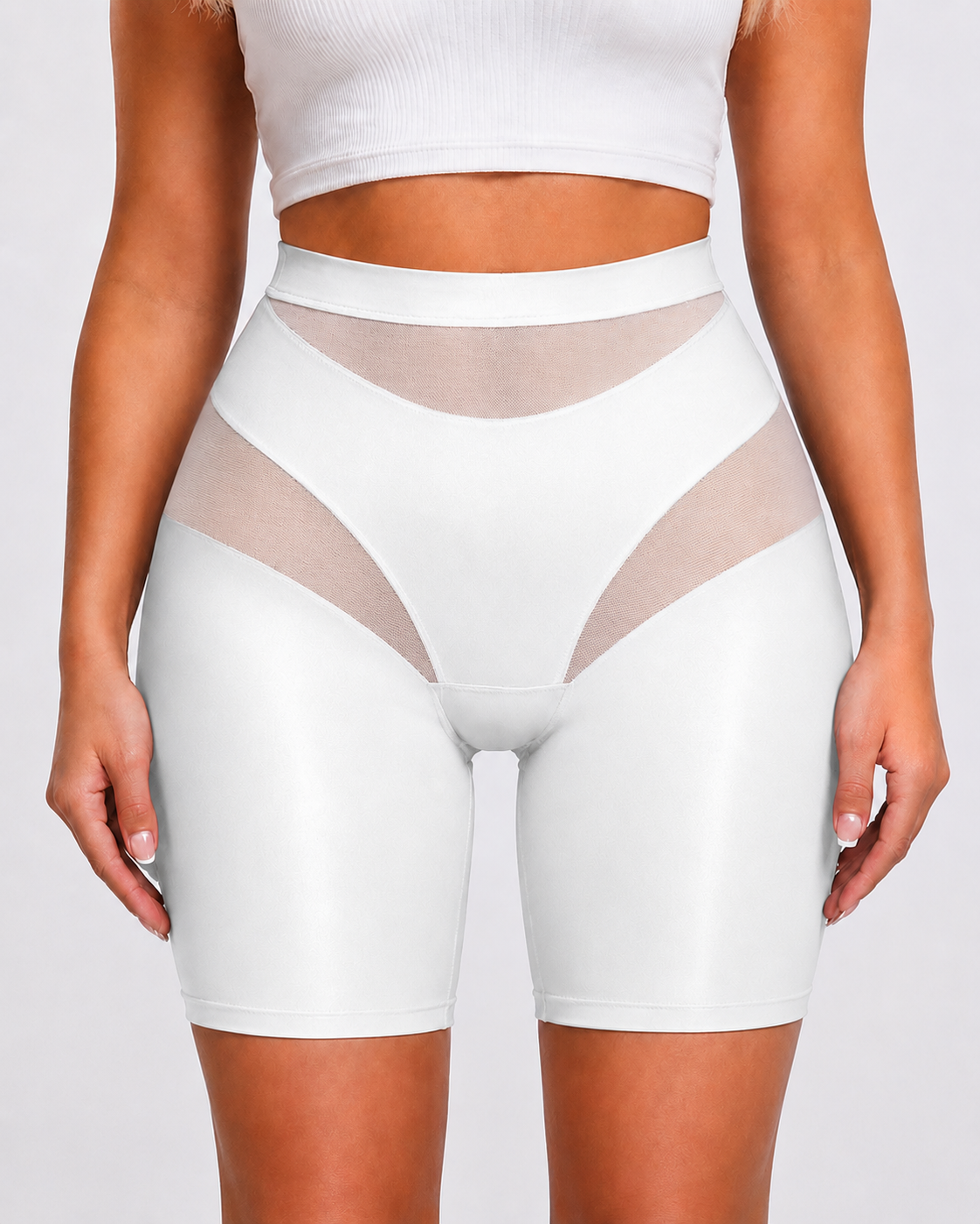 High Waist Tummy Control Sheer Mesh Patchwork Shaping Shorts