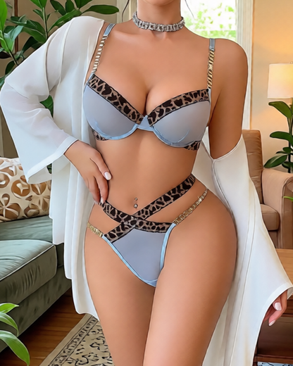Sexy Leopard Print Sheer Mesh Chain Strap Lingerie Set
