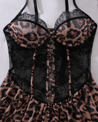 Leopard Print Lace Patchwork Sheer Cut-Out Nightgowns with Thong