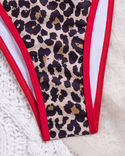 Sexy Colorblock Leopard Tie-Side Bikini Set