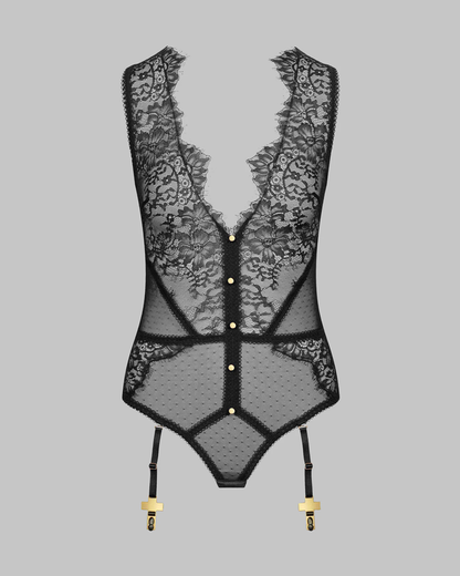 Sexy Lace Sheer Teddy Bodysuit with Garter Stockings