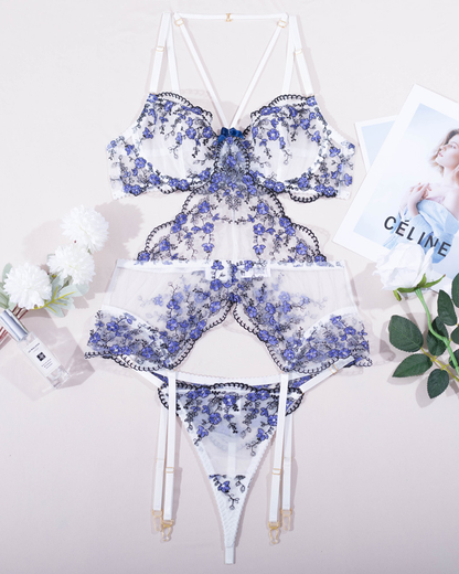 Velvet Rose Floral Embroidered Sheer Mesh Lingerie Set