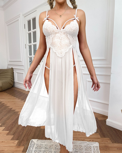 Sexy Sheer Mesh Deep V-Neck Lace Side Slit Slip Dress