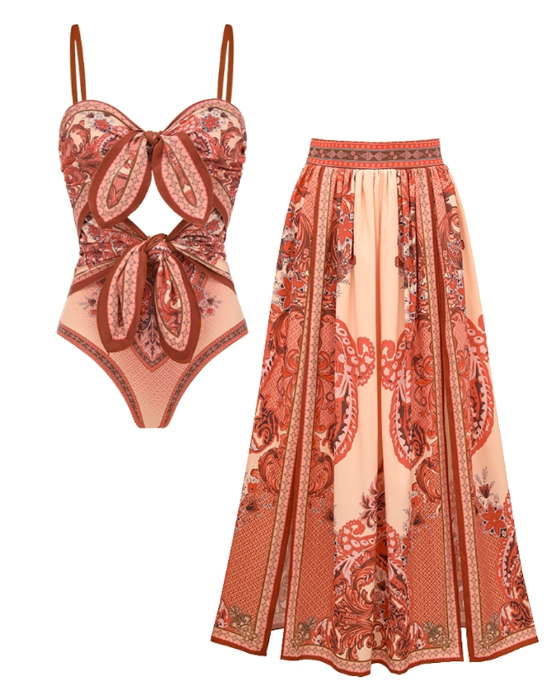 Bow-detailed Paisley Print Swimsuit set